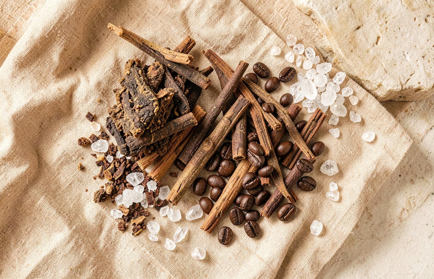 Frankincense resin, sandalwood, coffee beans and mineral salts on warm linen